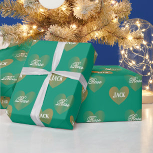 Personalized Twice Golden Hearts, Emerald Green Wrapping Paper