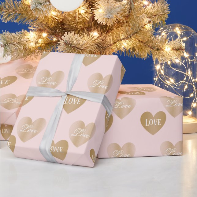 Personalized Twice Golden Hearts, Misty Rose Wrapping Paper (Holidays)