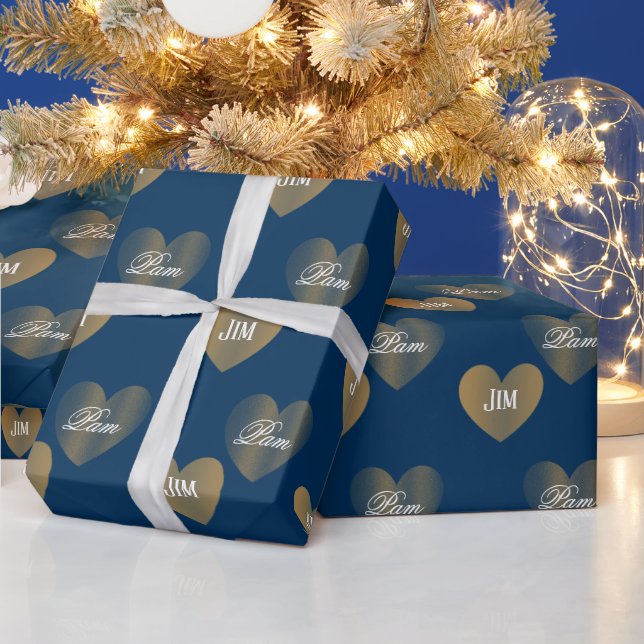Personalized Twice Golden Hearts, Prussian Blue Wrapping Paper (Holidays)
