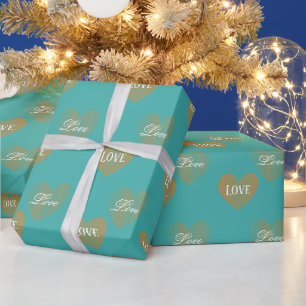 Personalized Twice Golden Hearts, Verdigris Wrapping Paper