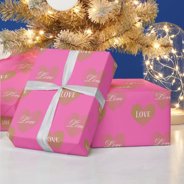 Personalized Twice Golden Wedding Hearts, Hot Pink Wrapping Paper (Holidays)
