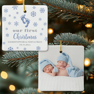 Personalized Twin Baby Boys First Christmas Photo Ceramic Ornament