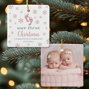 Personalized Twin Baby Girls First Christmas Photo Ceramic Ornament