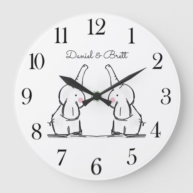 Personalized Twins Baby Elephants Nursery  Large C Large Clock (Front)