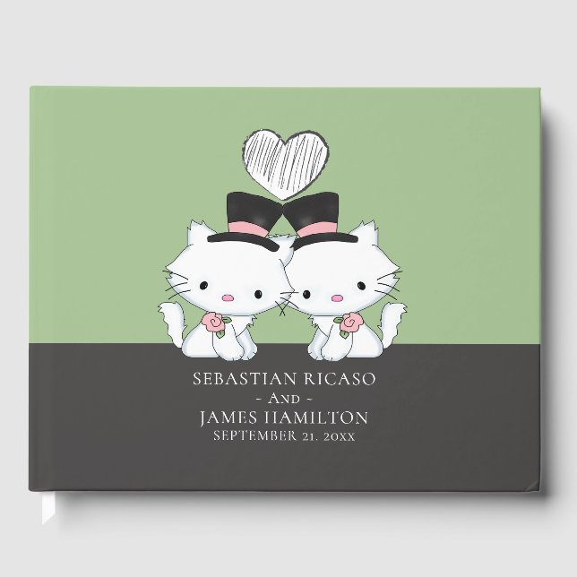 Personalized Two Groom Cat Themed Gay Wedding Guest Book (Front)