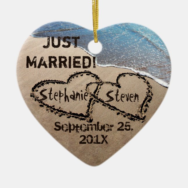 Personalized Two Hearts In The Sand Heart Ornament (Front)