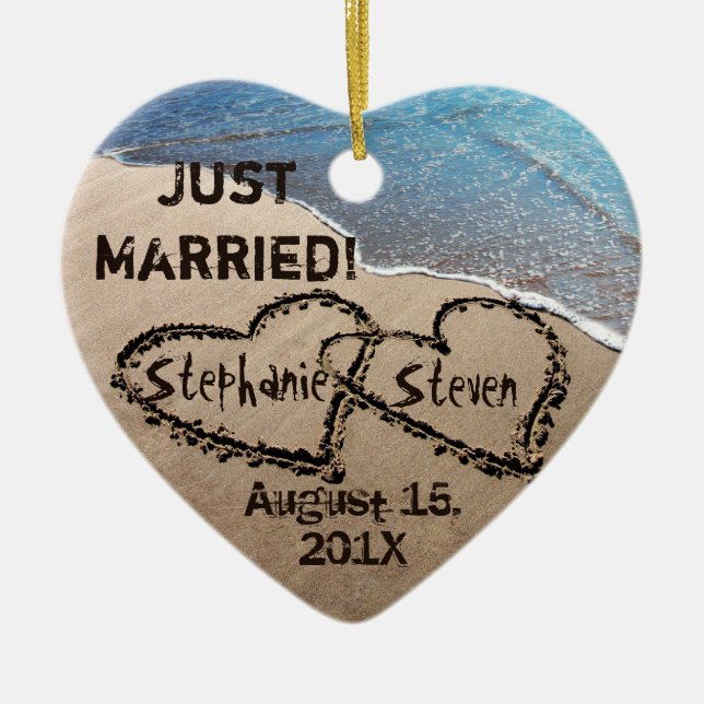 Personalized Two Hearts In The Sand Heart Ornament (Front)