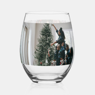 Personalized Two Sided Family Christmas Photo  Stemless Wine Glass