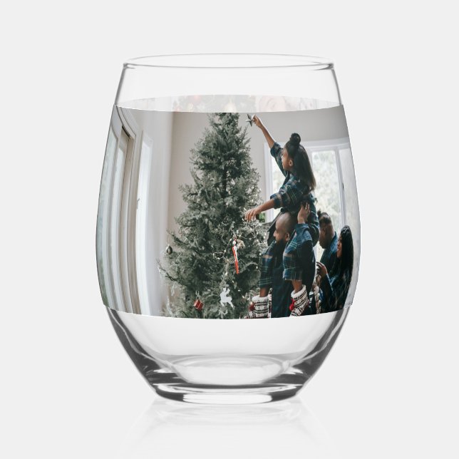 Personalized Two Sided Family Christmas Photo  Stemless Wine Glass (Front)