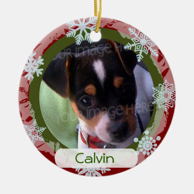 Personalized Two Sided Photo Frame Red and Green Ceramic Ornament (Front)