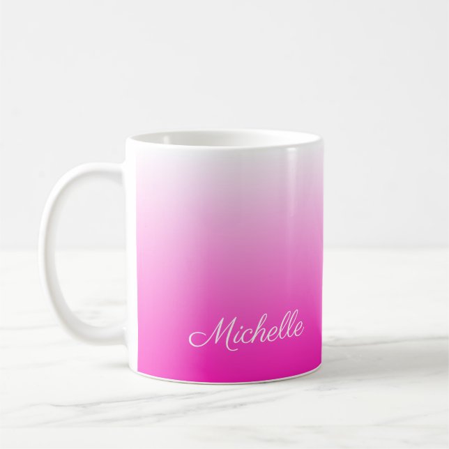 Personalized two-tone gradient ombre hot pink coffee mug (Left)