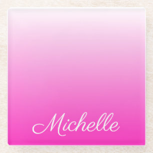 Personalized two-tone gradient ombre hot pink glass coaster