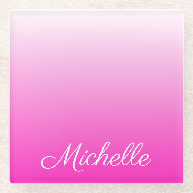 Personalized two-tone gradient ombre hot pink glass coaster (Front)