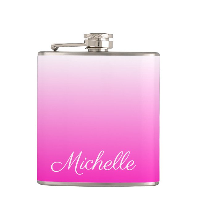 Personalized two-tone gradient ombre hot pink hip flask (Front)