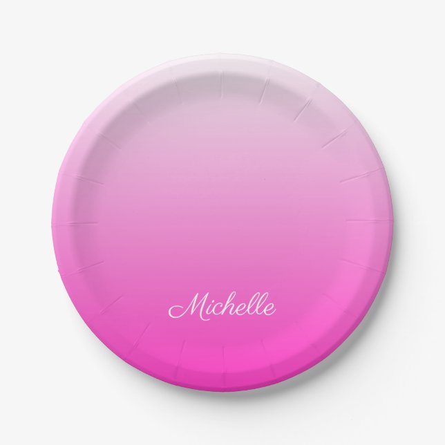 Personalized two-tone gradient ombre hot pink paper plate (Front)