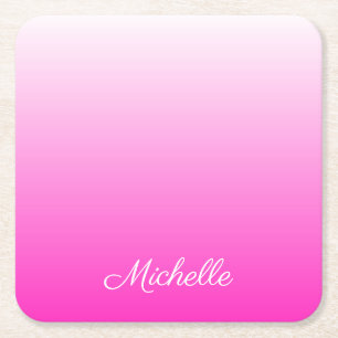 Personalized two-tone gradient ombre hot pink square paper coaster
