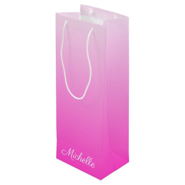 Personalized two-tone gradient ombre hot pink wine gift bag (Back Angled)