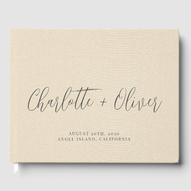 Personalized Typography Cream Faux Linen Wedding Guest Book (Front)