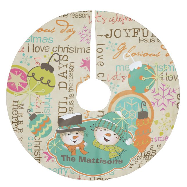 Personalized Typography Snowmen Holiday Tree Skirt (Front)