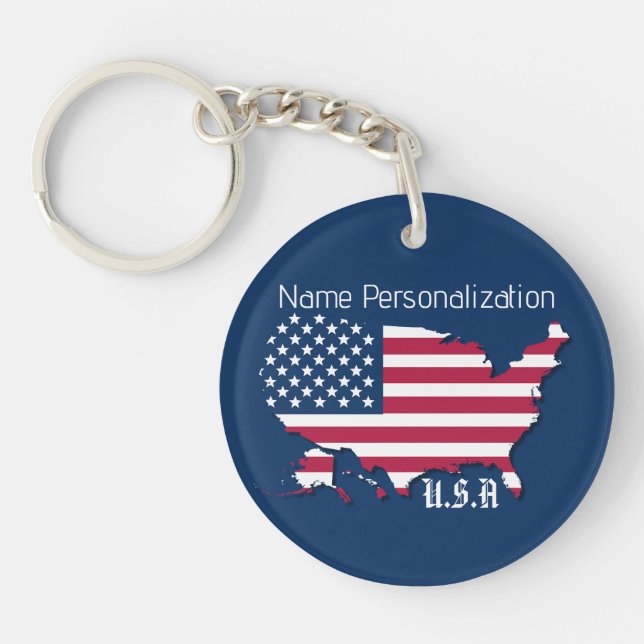 Personalized U.S.A. Flag and Map Navy Blue White Keychain (Front)