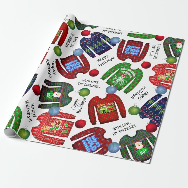 Personalized Ugly Christmas Sweater Wrapping Paper (Unrolled)