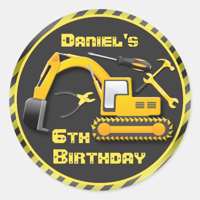 Personalized Under Construction Birthday Party Classic Round Sticker (Front)