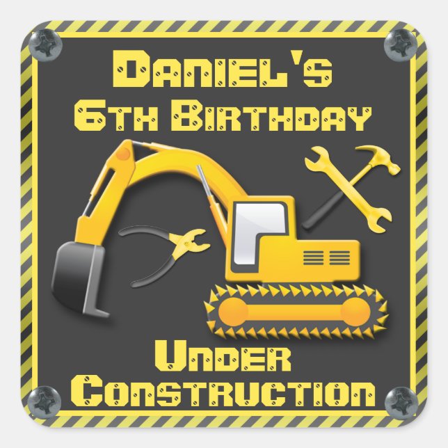 Personalized Under Construction Birthday Party Square Sticker (Front)