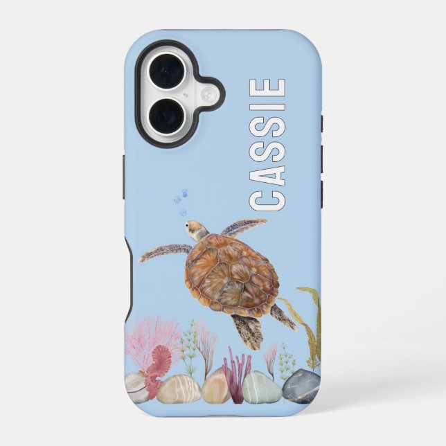 Personalized Under The Sea Turtle Blue  iPhone 16 Case (Back)