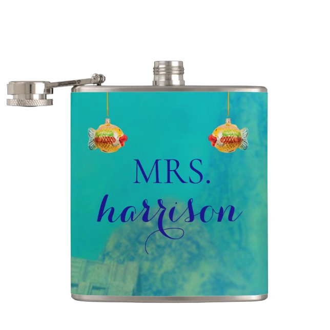 Personalized Underwater Ocean Scene w/ Faux Fish Hip Flask (Opened)