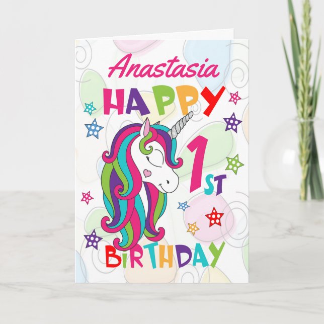 Personalized Unicorn 1st Birthday Card (Front)