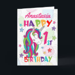 Personalized Unicorn 1st Birthday Card<br><div class="desc">A special 1st birthday card! This bright fun first birthday card features a cute unicorn, some pretty stars and colorful text. A cute design for someone who will be one year old. Add the 1st birthday child's name to the front of the card to customize it for the special little...</div>