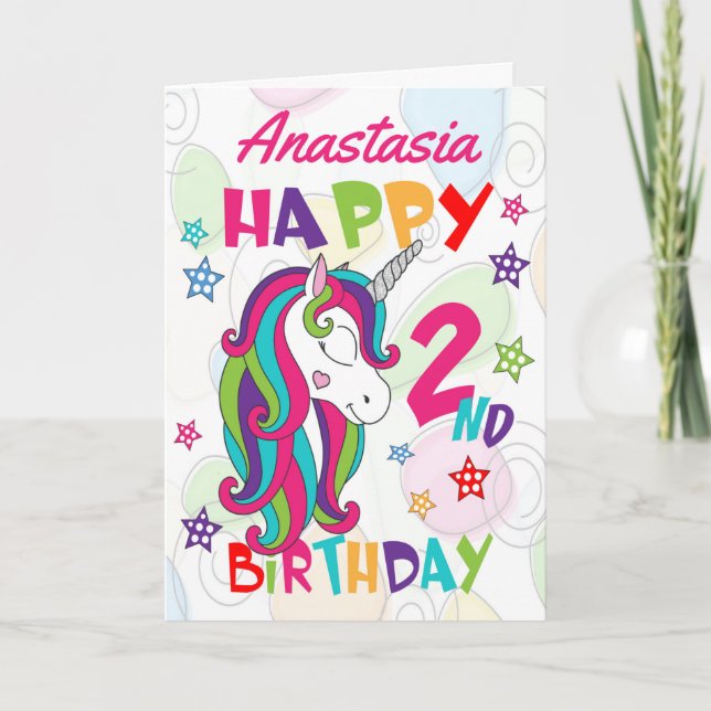 Personalized Unicorn 2nd Birthday Card (Front)
