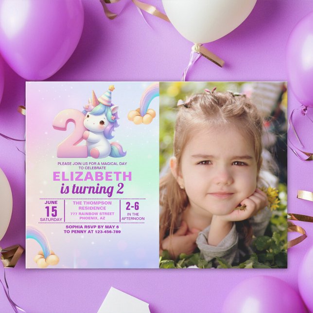 Personalized Unicorn 2nd Birthday Photo Invitation (Créateur téléchargé)