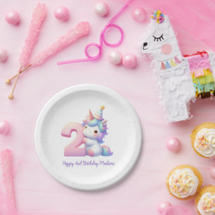 Personalized Unicorn 2nd Second Girls Birthday Paper Plate