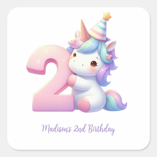 Personalized Unicorn 2nd Second Girls Birthday  Square Sticker (Front)