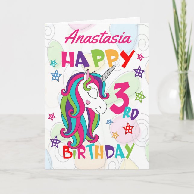 Personalized Unicorn 3rd Birthday Card (Front)