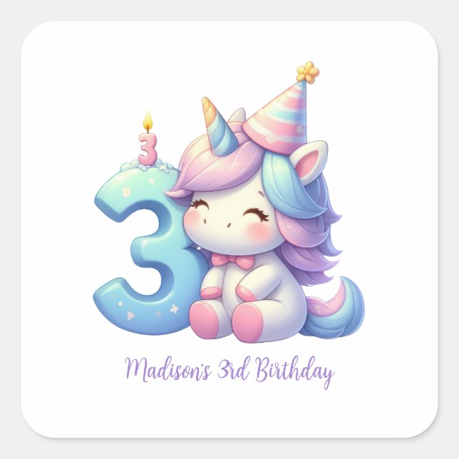 Personalized Unicorn 3rd Third Girls Birthday  Square Sticker (Front)