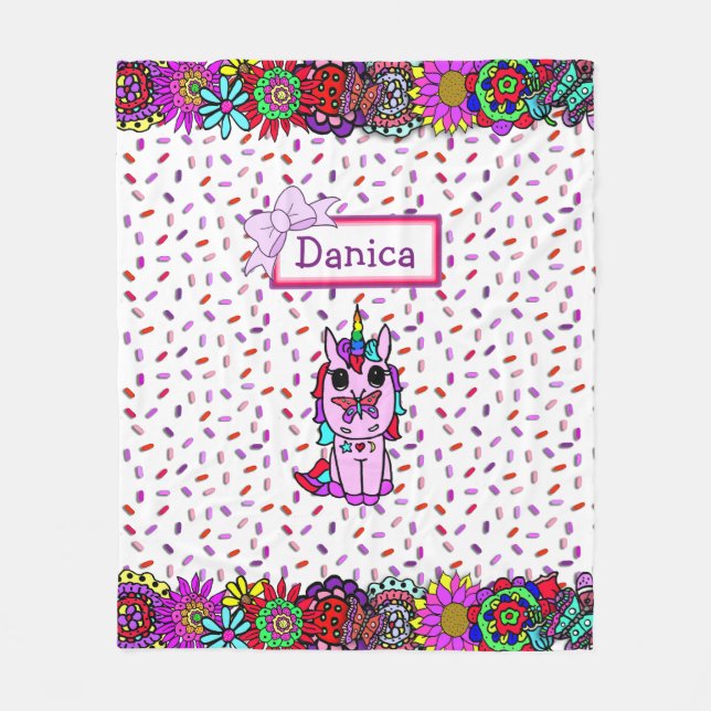 Personalized Unicorn and Candy Sprinkles with Bow Fleece Blanket (Front)