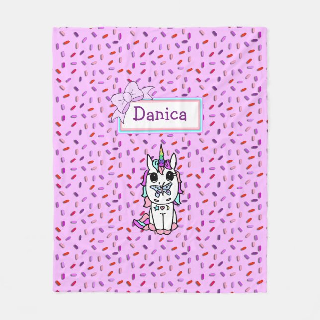 Personalized Unicorn and Candy Sprinkles with Bow Fleece Blanket (Front)