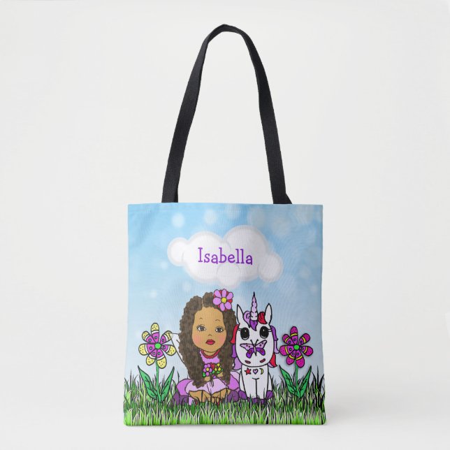Personalized Unicorn and Fairy Purple Tote Bag (Front)