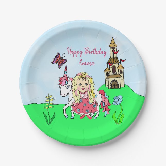 Personalized Unicorn and Princess Birthday Party Paper Plate (Front)