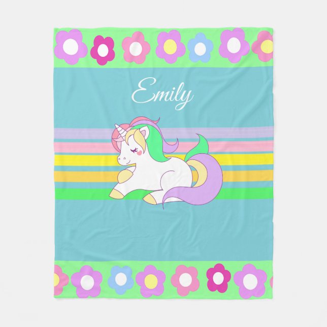 Personalized Unicorn and Rainbow Fleece Blanket (Front)