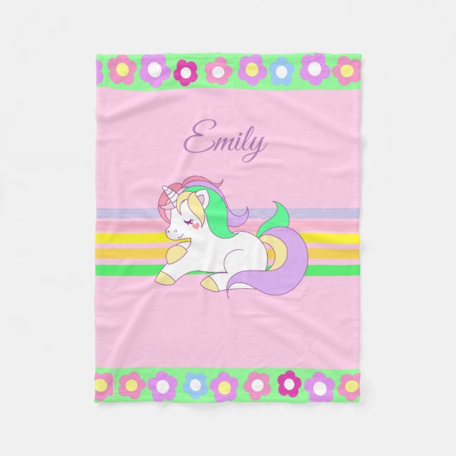Personalized Unicorn and Rainbow Pink Blanket (Front)