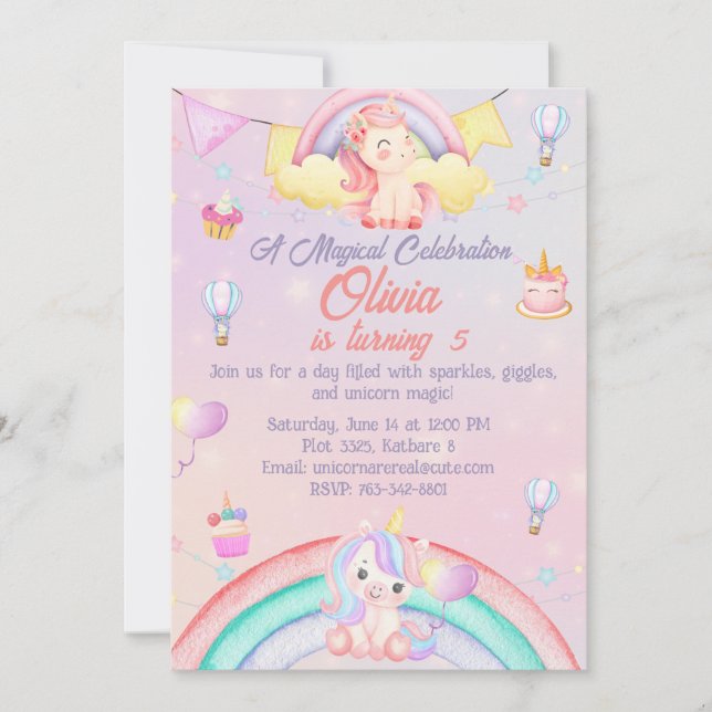Personalized Unicorn Birthday Invitation Card  (Front)