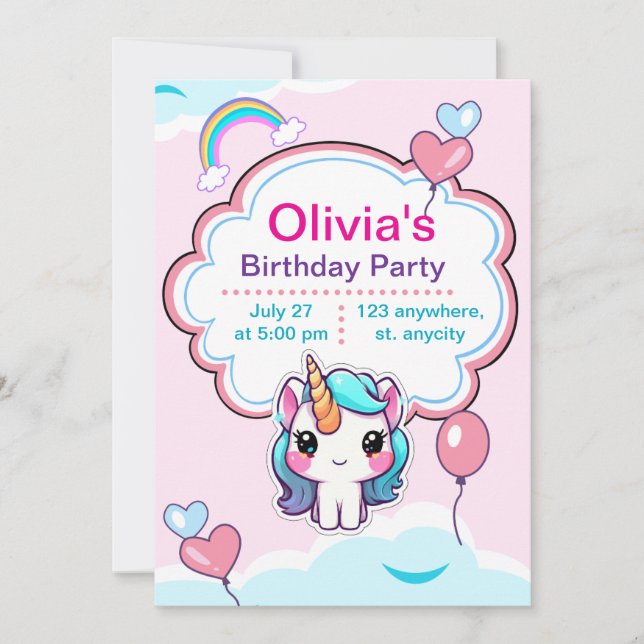 Personalized Unicorn Birthday Invitation Editable. (Front)