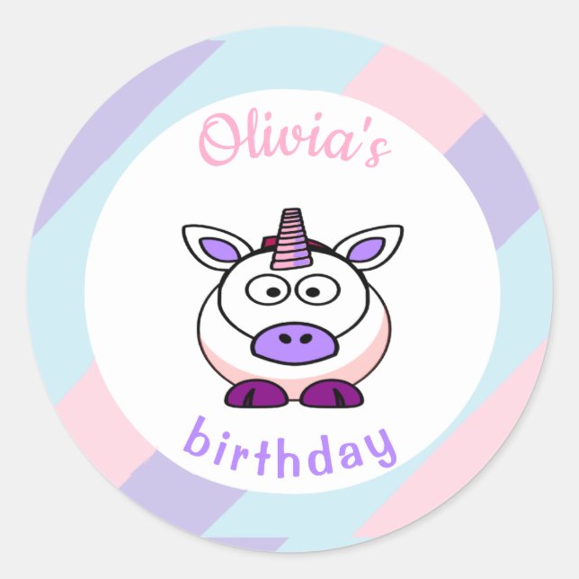 Personalized unicorn birthday pastel colourful classic round sticker (Front)