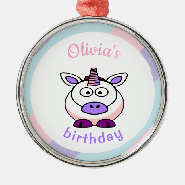 Personalized unicorn birthday pastel colourful metal ornament (Front)