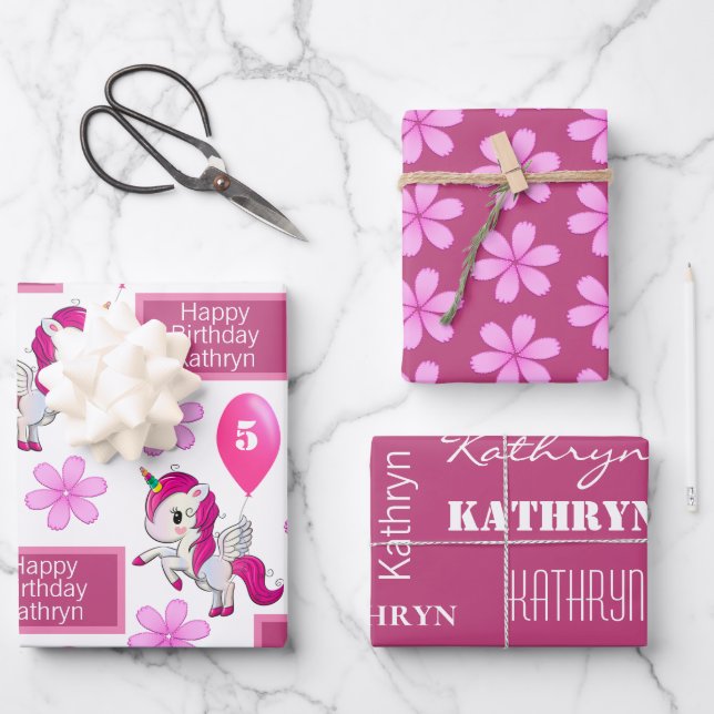 Personalized Unicorn Birthday Wrapping Paper Sheet (Front)