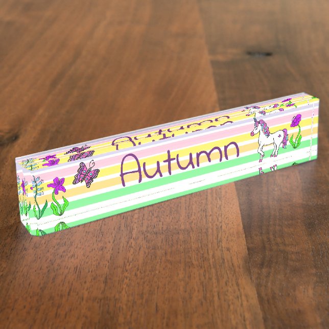 Personalized Unicorn, Butterfly and Flowers Nameplate (Side)