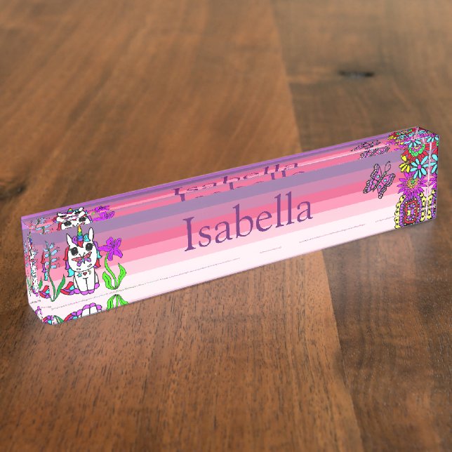 Personalized Unicorn, Butterfly and Flowers Nameplate (Side)